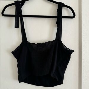 Black silk top with tie sleeves